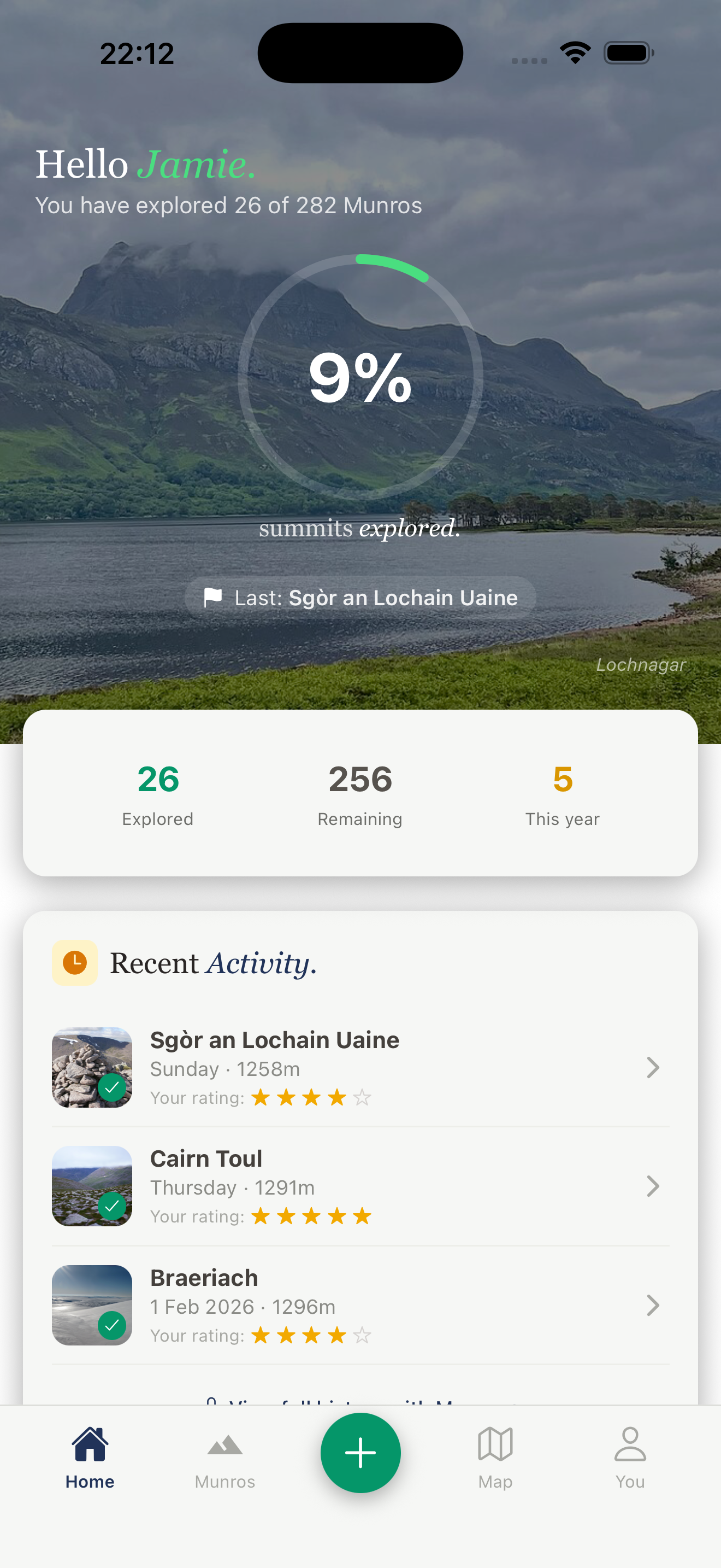 Munros app showing summit tracking, progress and recent activity